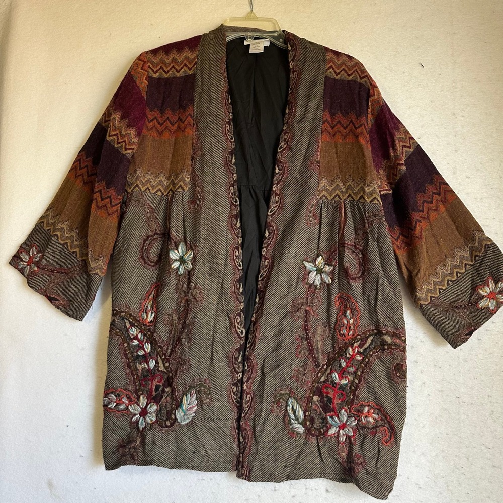 Soft Surroundings Wool Embroidered Paisley Chevron Open Front Jacket Brown Med
